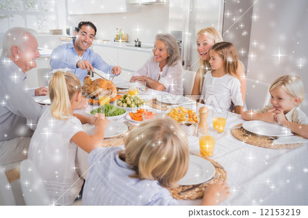 Composite image of father proposing a slice of turkey Composite image of father proposing a slice of turkey 12153219