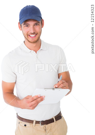 Happy delivery man holding clipboard 12154323