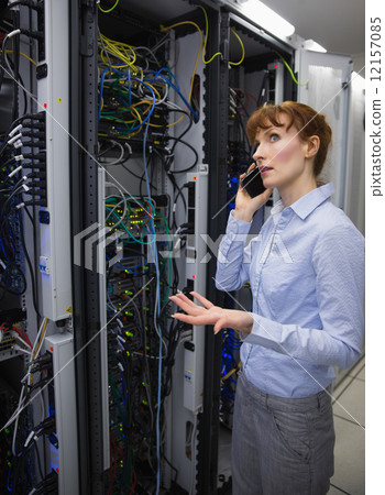 Technician talking on phone while analysing server 12157085
