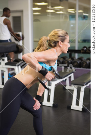 Side view of fit woman exercising with dumbbell in gym 12158516