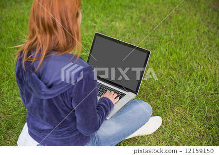 Pretty redhead relaxing in the park using laptop 12159150