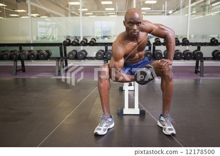 Muscular man exercising with dumbbell in gym Muscular man exercising with dumbbell in gym 12178500