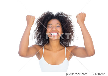 Pretty girl in white top cheering at camera Pretty girl in white top cheering at camera 12180284