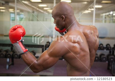 Muscular boxer in defensive stance in health club Muscular boxer in defensive stance in health club 12180523