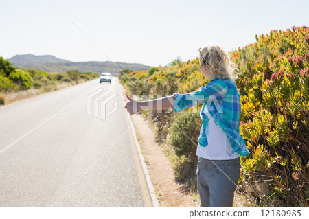 Attractive blonde hitch hiking on rural road 12180985