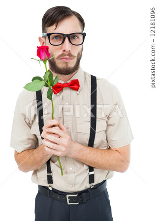 Geeky hipster offering a rose 12181096