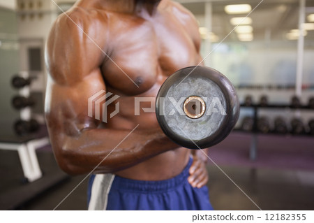Muscular man exercising with dumbbell in gym 12182355