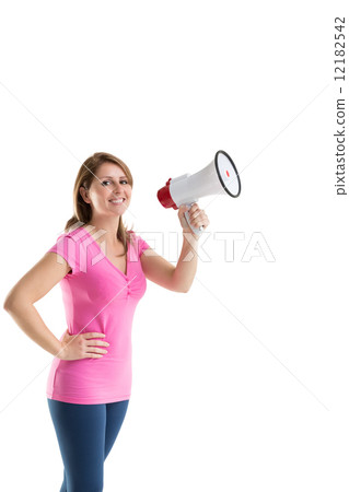 Smiling young woman holding bullhorn Smiling young woman holding bullhorn 12182542