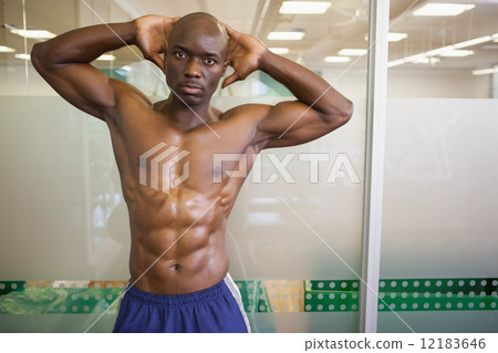 Serious shirtless muscular man posing in gym Serious shirtless muscular man posing in gym 12183646