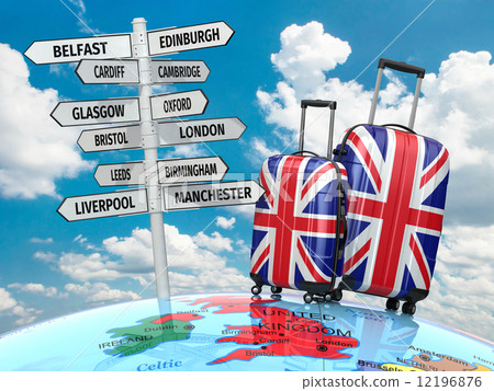 Travel concept. Suitcases and signpost what to visit in UK. 12196876