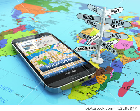 Travel and tourism concept. Booking hotel by smartphone and dest 12196877