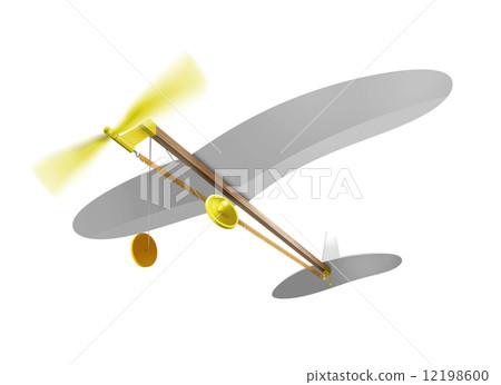 Rubber powered aircraft Yellow diagonally from below White background cg illustration 12198600