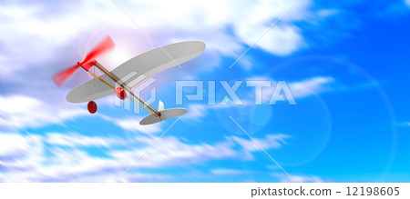 Rubber powered aircraft red skewed from under blue sky cg illustration 12198605