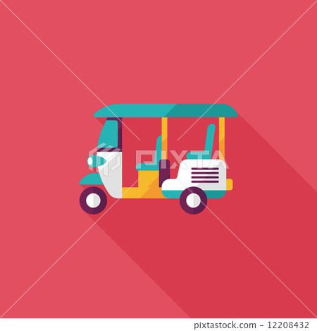 插图素材: three wheeled motor rickshaw, flat icon with long