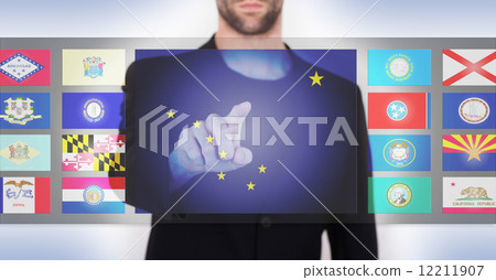 Hand pushing on a touch screen interface Hand pushing on a touch screen interface 12211907