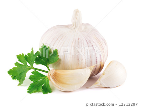 garlic with parsley leaves on a white background garlic with parsley leaves on a white background 12212297