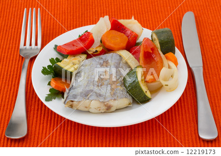 boiled swordfish with vegetables on the plate boiled swordfish with vegetables on the plate 12219173