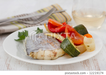 boiled swordfish with vegetables on the plate boiled swordfish with vegetables on the plate 12219174