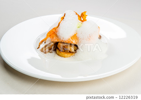 Roasted trout infused with milk foam Roasted trout infused with milk foam 12226319