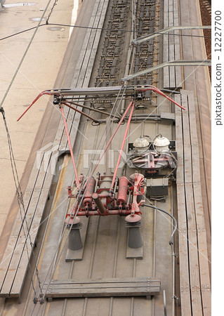A view from above of an electric train with a red contact electrical supply network in Russia A view from above of an electric train with a red contact electrical supply network in Russia 12227700