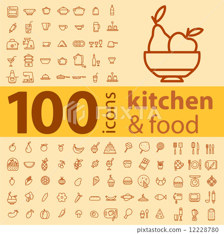 set of 100 icons of different types of cookware, food, fruits an 12228780
