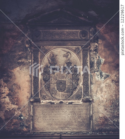 Coat of arms and old text on memorable wall 12229617
