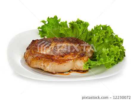 meat steak with lettuce isolated on white background 12230072