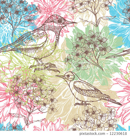 Hand drawn dahlia flowers and birds l seamless pattern 12230618