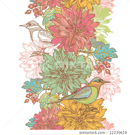 Hand drawn dahlia flowers and birds vertical seamless border 12230619