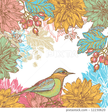Hand drawn dahlia flowers and bird retro card 12230620