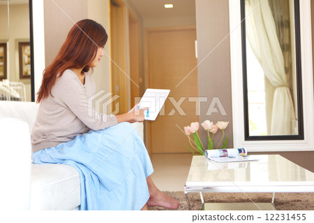 Young Women, Home, Resort, Hotel, apartment, Condo, Lifestyle, playful, tablet, Laptop, siting, sofa Young Women, Home, Resort, Hotel, apartment, Condo, Lifestyle, playful, tablet, Laptop, siting, sofa 12231455