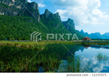 Wooden Bridge in lotus lake at khao sam roi yod national park, t 12235973