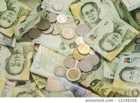 Thai baht note and coin money display as background 12248208