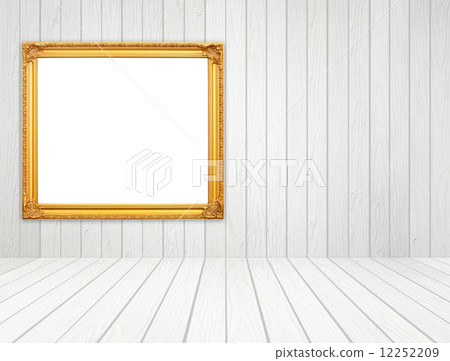 blank golden frame in room with white wood wall and wood floor blank golden frame in room with white wood wall and wood floor 12252209