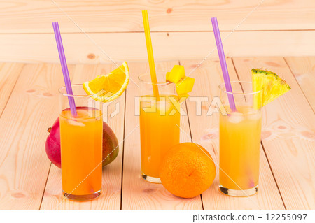 Different juices with fruits in the closeup. 12255097