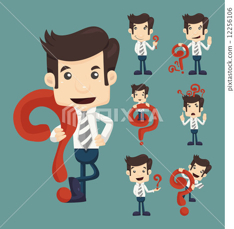 Set of businessman characters poses with question marks Set of businessman characters poses with question marks 12256106