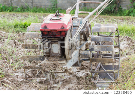 old motor pushcart for ploughing the rice  field 12258490