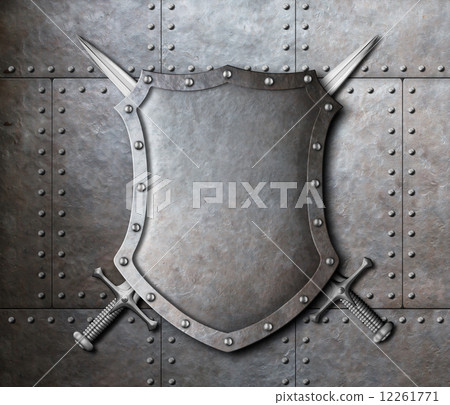 metal shield and two crossed swords over armor plates metal shield and two crossed swords over armor plates 12261771