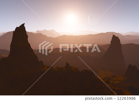 Martian landscape with suns and rock formations 12263986