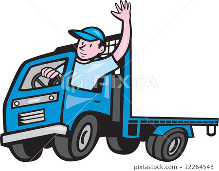 Flatbed Truck Driver Waving Cartoon 12264543