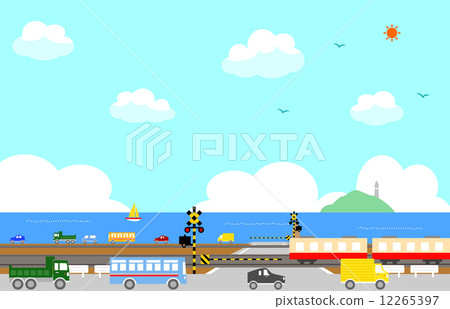 Railroad Crossing And The Sea - Stock Illustration [12265397] - Pixta