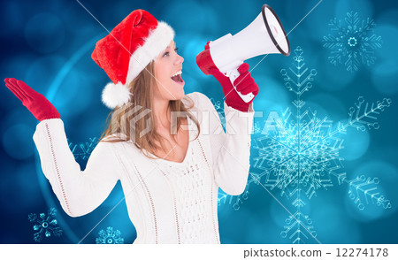 Composite image of festive blonde shouting through megaphone Composite image of festive blonde shouting through megaphone 12274178