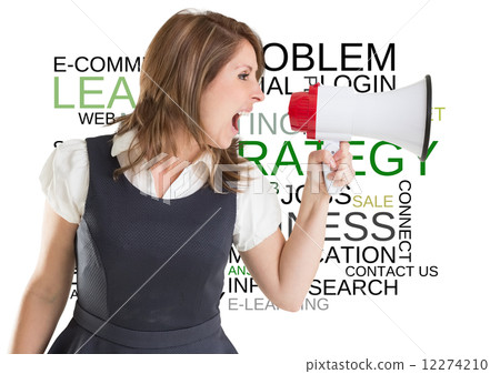 Composite image of businesswoman shouting through megaphone 12274210