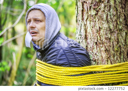 Man tied to a tree in the forest 12277752