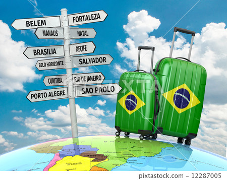 Travel concept. Suitcases and signpost what to visit in Brazil. 12287005