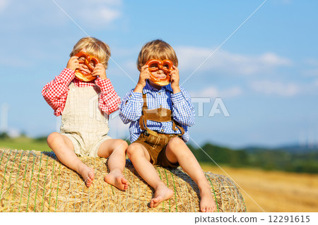 Two little sibling boys and friends sitting on hay stack  and ea 12291615