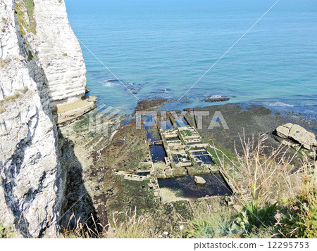 old oyster farm and cliff on english channel beach 12295753