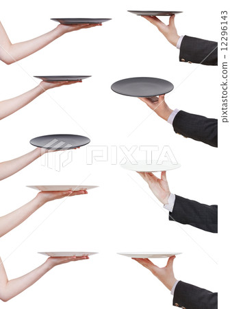 palm with empty flat black plate palm with empty flat black plate 12296143