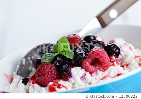 Cottage cheese in blue bowl 12300222