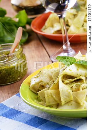 Pasta pesto closeup Pasta pesto closeup 12301179